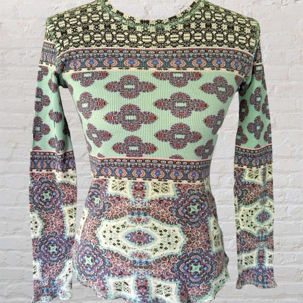 Sundance Thermal Waffle Knit Top Tee Shirt Women XS Blue Geometric Boho Cotton